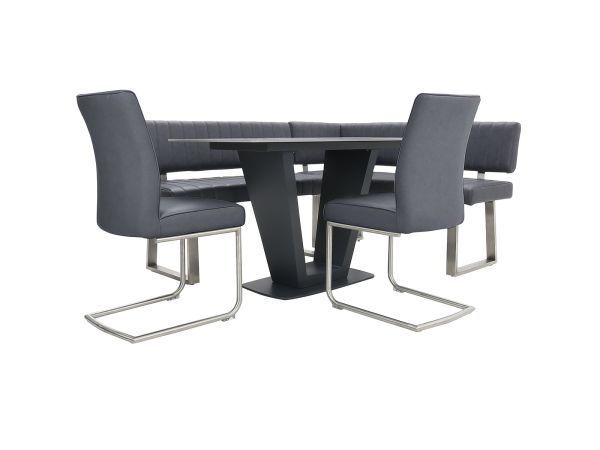 Hirsch Table + corner bench + 2 chairs (Dark Grey)