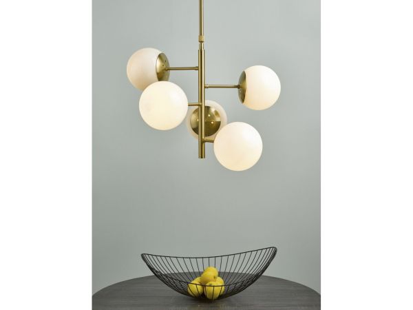 Bombazine 5 light pendant (natural brass/glass shades)