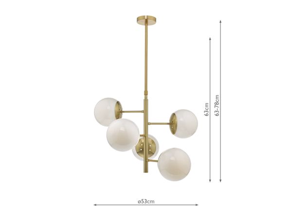 Bombazine 5 light pendant (natural brass/glass shades)