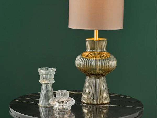 Suelita Table lamp brown ribbed glass and antique brass with shade