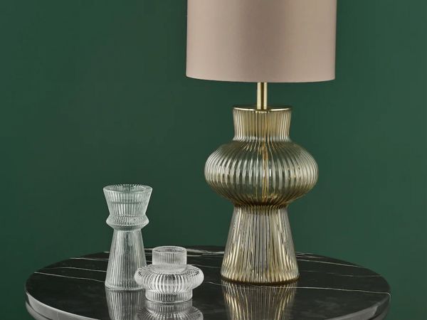 Suelita Table lamp brown ribbed glass and antique brass with shade