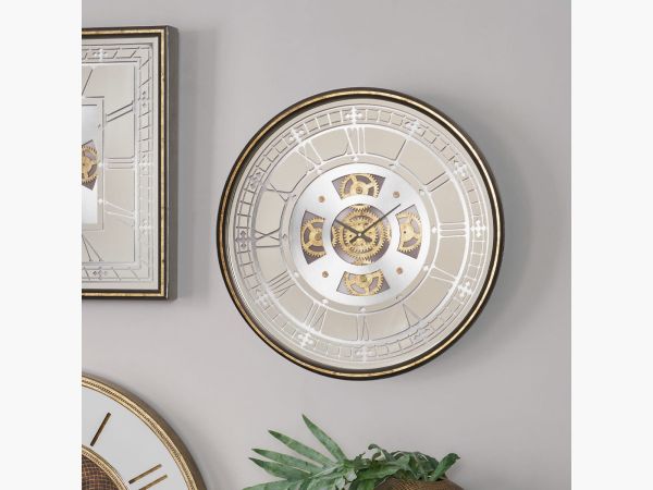 Clocks Antique gold wood and mirror round working cog wall clock