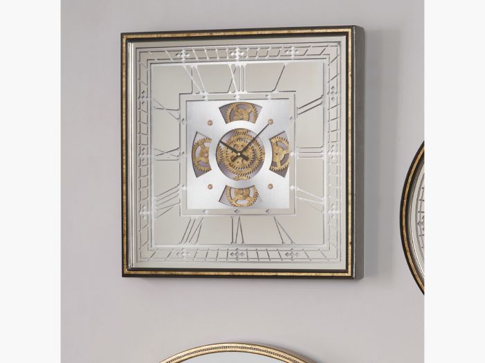 Clocks Antique gold wood and mirror square working cog wall clock
