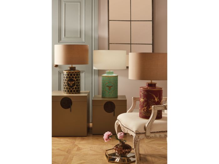 Lamp Black honeycomb metal table lamp with taupe drum shade