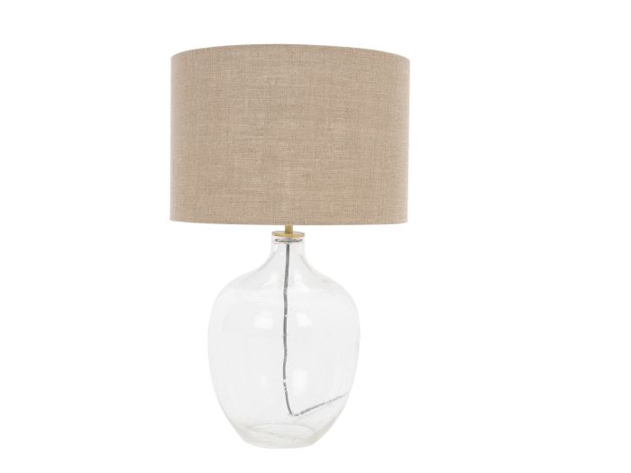 Lamp Clear bubble glass table lamp with natural linen cylinder shade