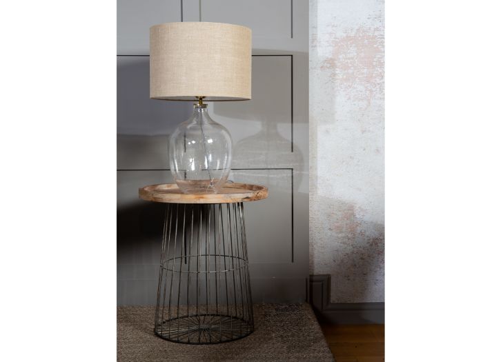 Lamp Clear bubble glass table lamp with natural linen cylinder shade