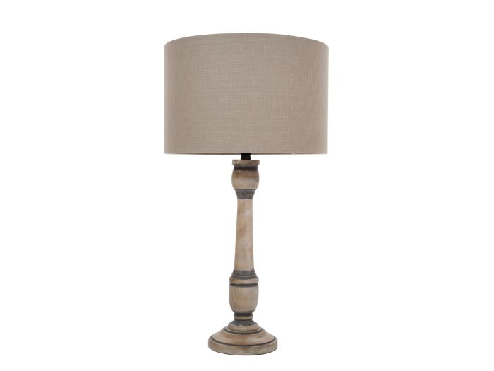 Lamp Vintage grey and white wash mango wood table lamp with grey drum shade