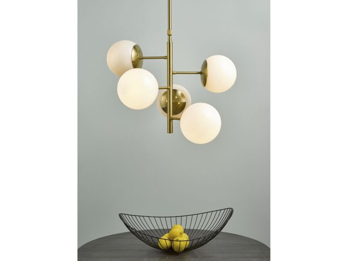 Bombazine 5 light pendant (natural brass/glass shades)