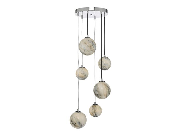 Mikara 6 light cluster (marble effect glass/polished chrome)