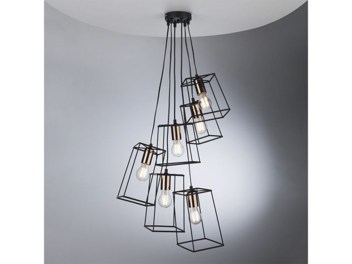Tower 6 light cluster pendant (black and copper)