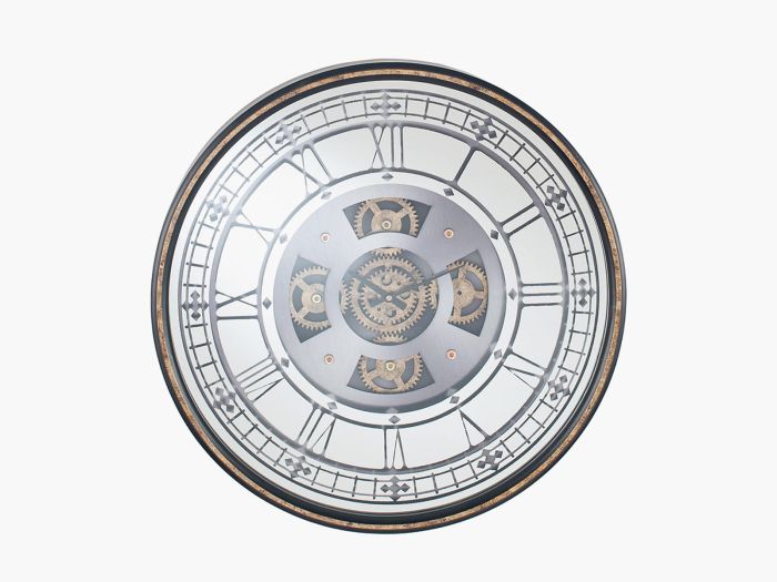Clocks Antique gold wood and mirror round working cog wall clock