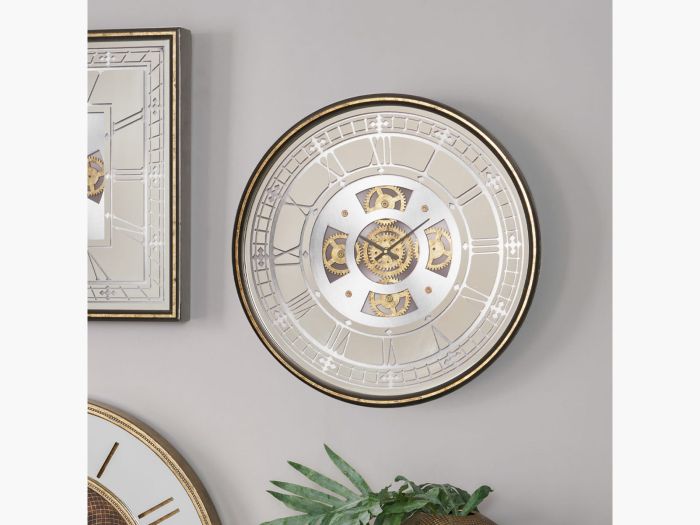 Clocks Antique gold wood and mirror round working cog wall clock