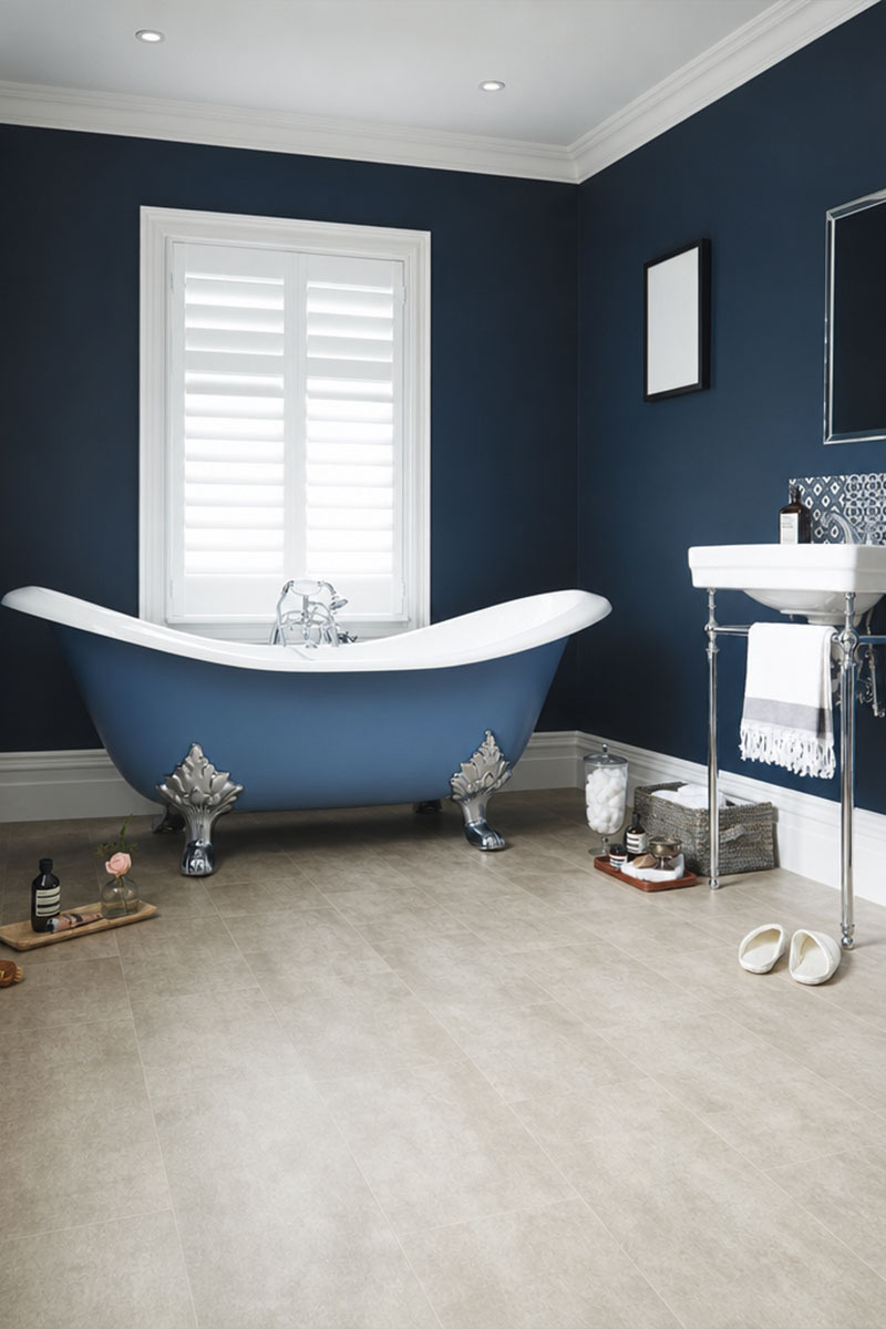 Stone-look sheet vinyl suited to kitchens and bathrooms