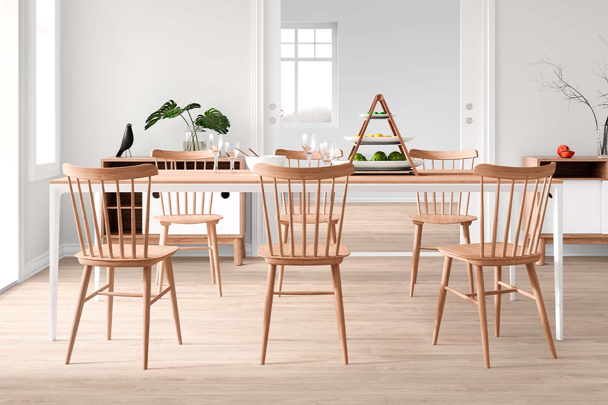 Wood-look sheet vinyl in an open-plan dining space