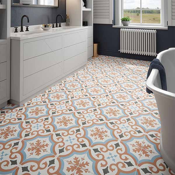 Practical, patterned sheet vinyl flooring in a stylish bathroom