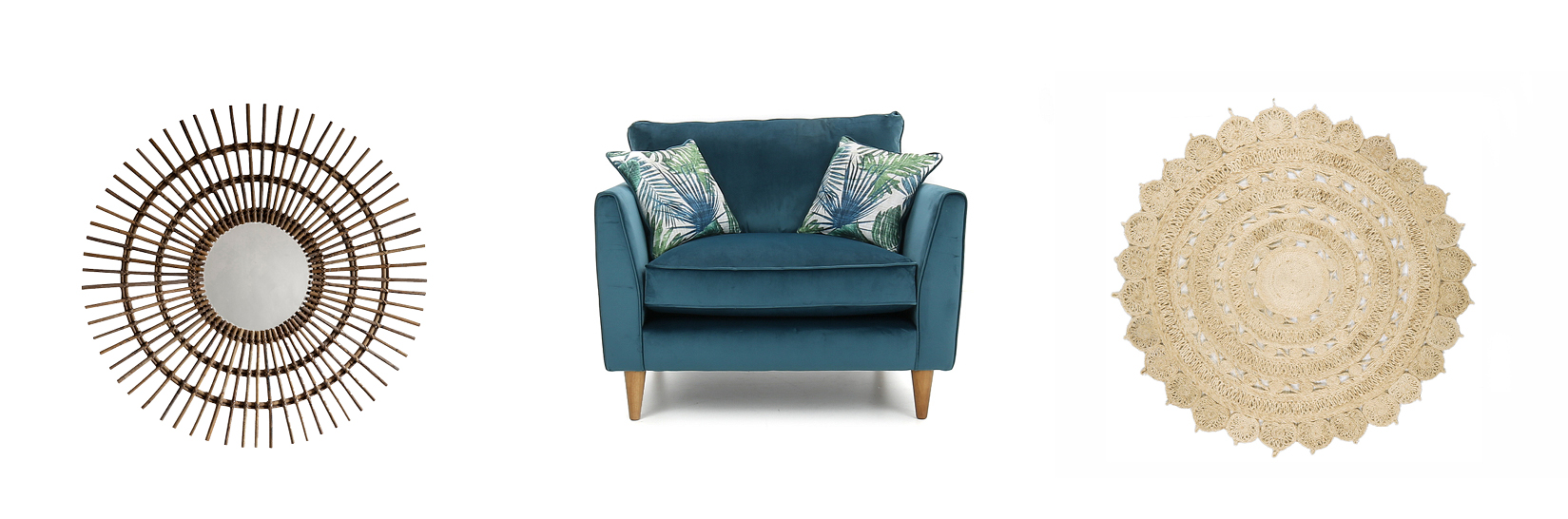 Romano Rattan mirror, Lola sofa and Zira Natural rug