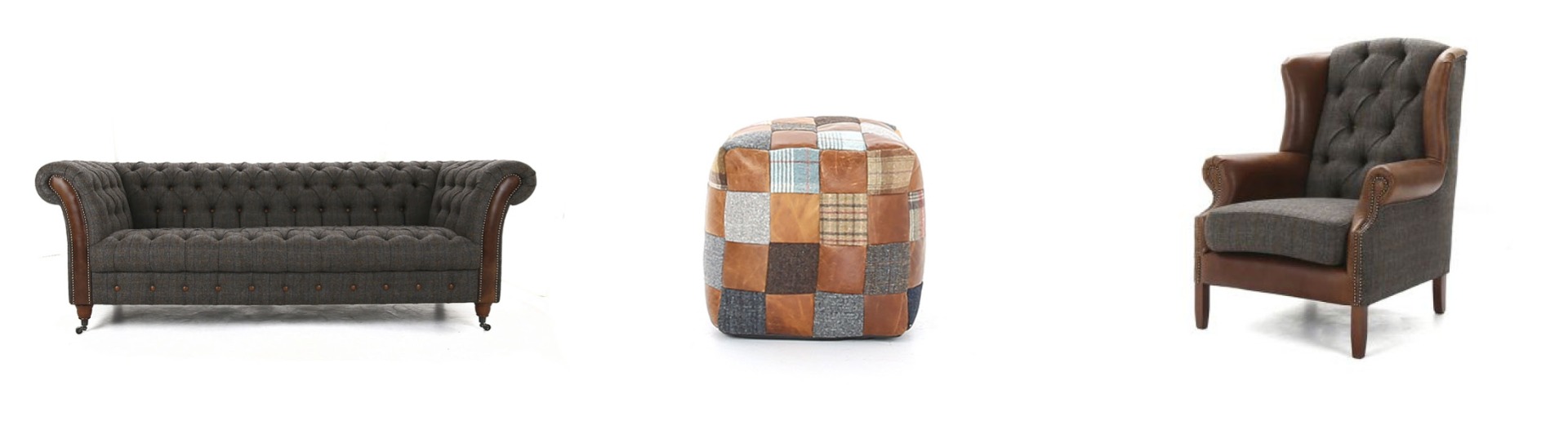 Saxby sofa, Leather and wool beanbag, Boscobel chair